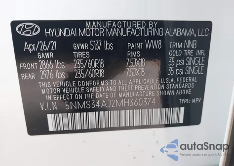 2021 Hyundai Santa Fe Sel z USA, uszkodzony, nr VIN 5NMS34AJ2MH360374